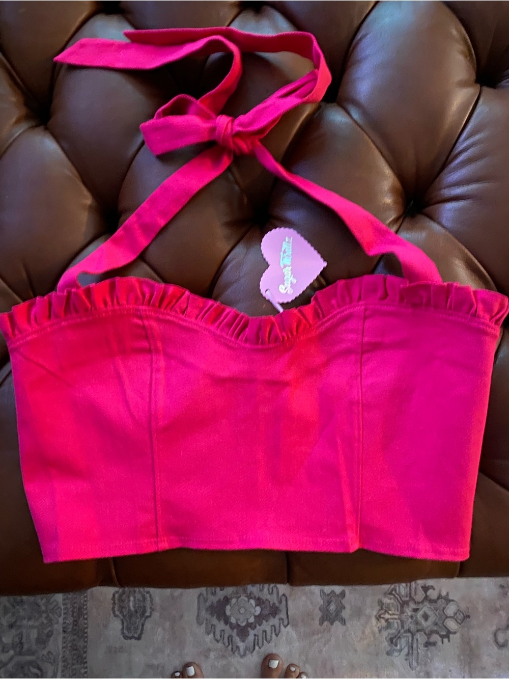 Sugar Thrillz by Dolls Kill Pink Halter One-Piece Top with Ruffle Trim